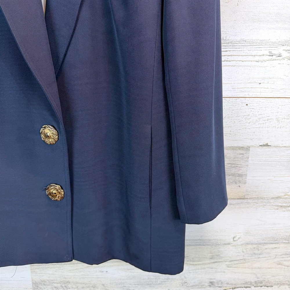 Vintage 90s Suzelle Silk Blazer Navy Gold Buttons Old Money Power Blazer 10 - Picture 9 of 11
